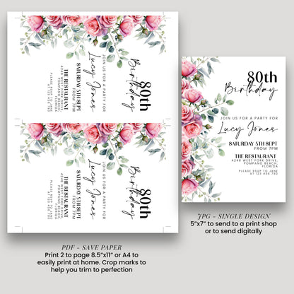 a birthday party invitation for Lucy Jones' 80th birthday. The invitation features a floral design with pink roses and greenery, and includes details about the party, such as the date, time, location, and RSVP information.