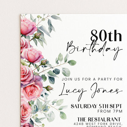 The image is a birthday invitation for a party for Lucy Jones, with a floral design featuring pink roses and greenery.