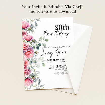The image is a birthday invitation for a girl named Lucy Jane, celebrating her 80th birthday. The invitation is for a party at The Restaurant, located at 4248 West Fork B, located at 1240 Flo, FLO. The invitation is editable via Corjl, and there is no software to download.