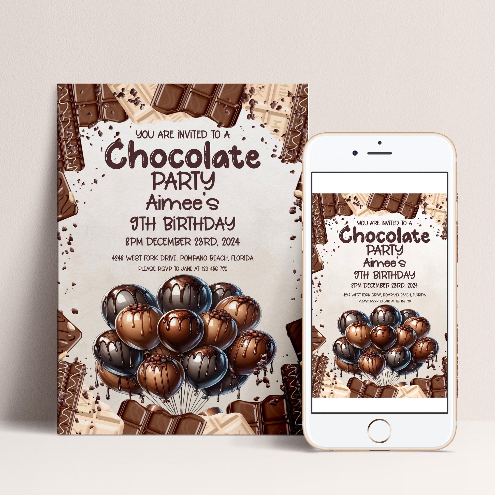 The image is a chocolate-themed birthday party invitation featuring chocolate bars, balloons, and a chocolate fountain.