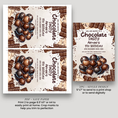a chocolate party invitation for Aimee's 9th birthday. It features chocolate balloons and chocolate pieces, along with text providing details about the party. The invitation is available in two sizes: a 5"x7" print and a 4"x4" print. The print size is indicated as a single design, and the text suggests that the print can be sent to a print shop or sent digitally.