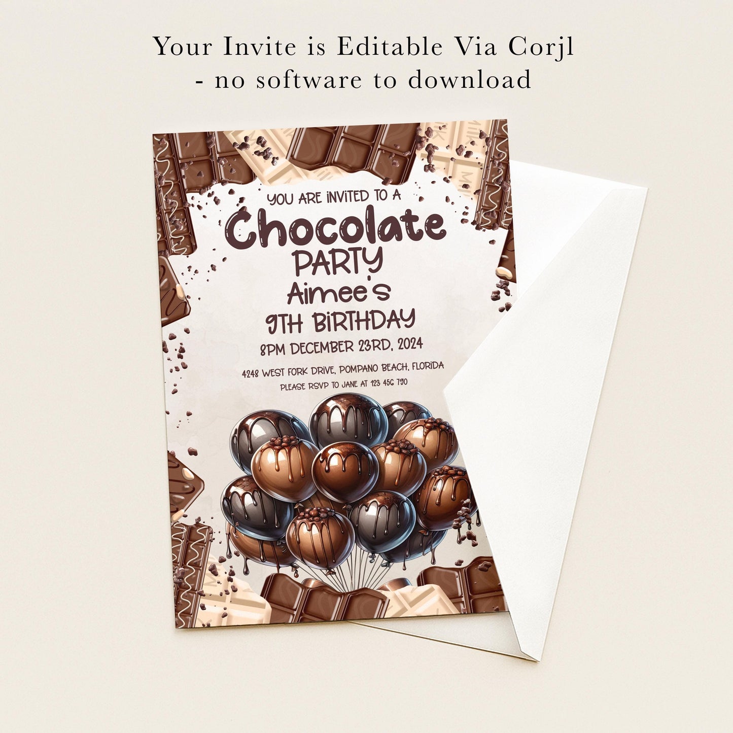 The image is a birthday party invitation for a chocolate-themed party.