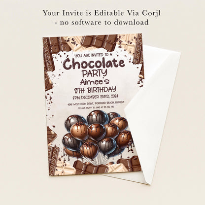 The image is a birthday party invitation for a chocolate-themed party.