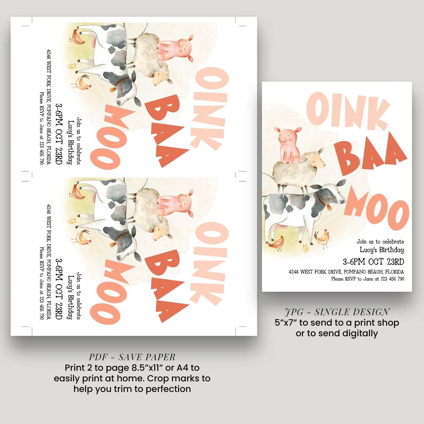 The image is a collage of two pages featuring a playful design with farm animals, including cows, sheep, and pigs, along with the text "Oink Baa Moo" and instructions for sending a print to a print shop or digitally.