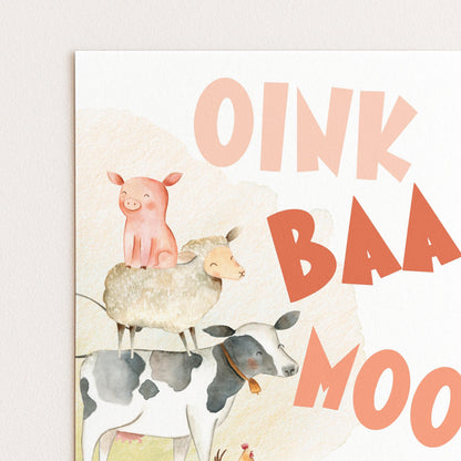 The image is a watercolor painting depicting a pig, sheep, and cow, with the text "OINK BAAB MOO" written above them.