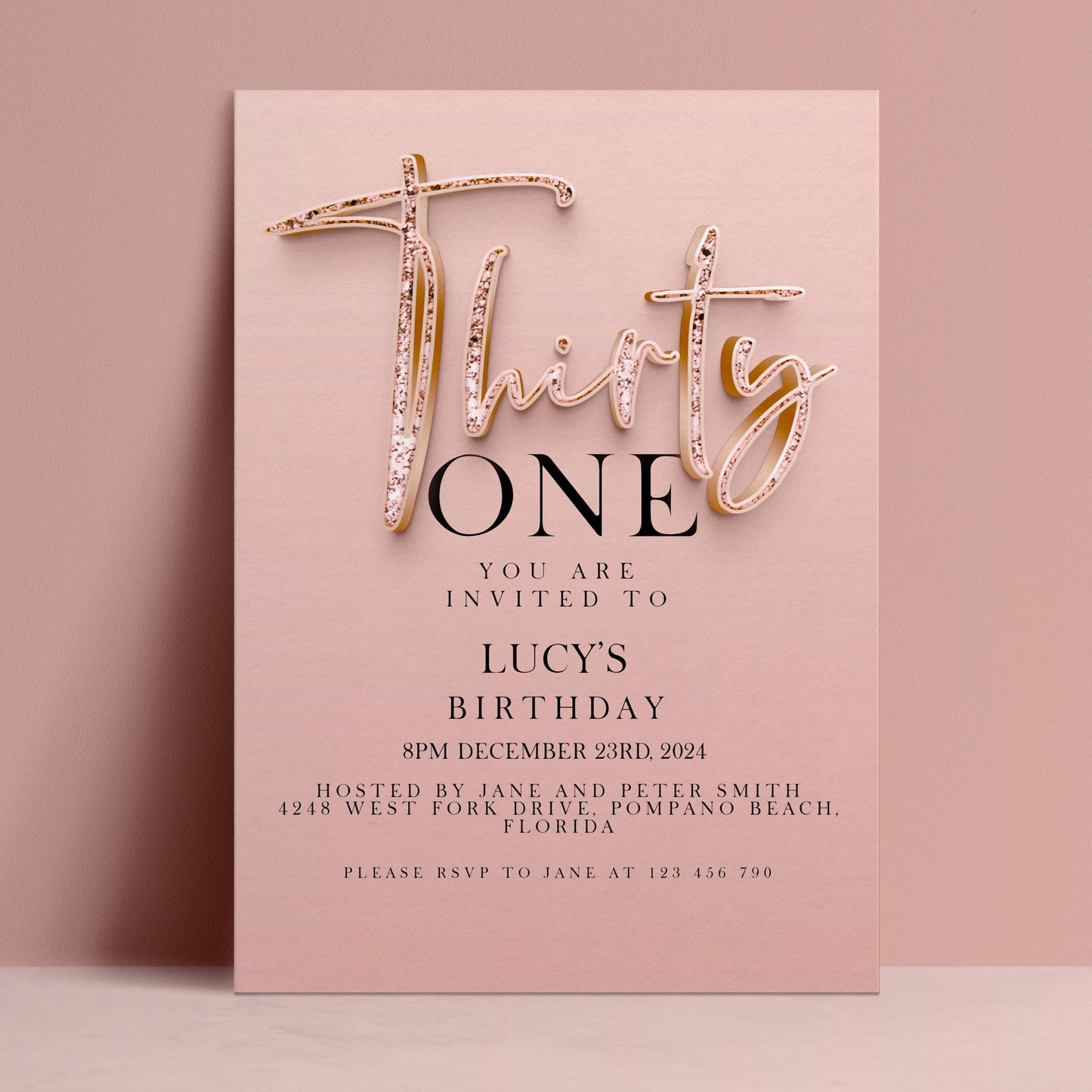 The image is a pink birthday invitation for a thirty-one birthday party.