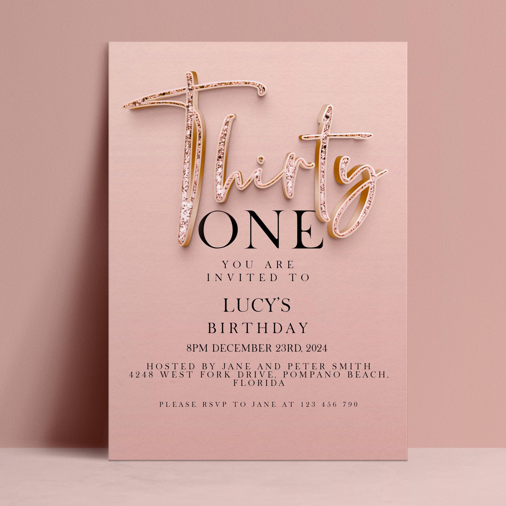 The image is a pink birthday invitation for a thirty-one birthday party.