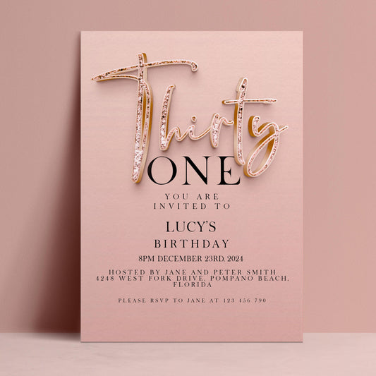 The image is a pink birthday invitation for a thirty-one birthday party.