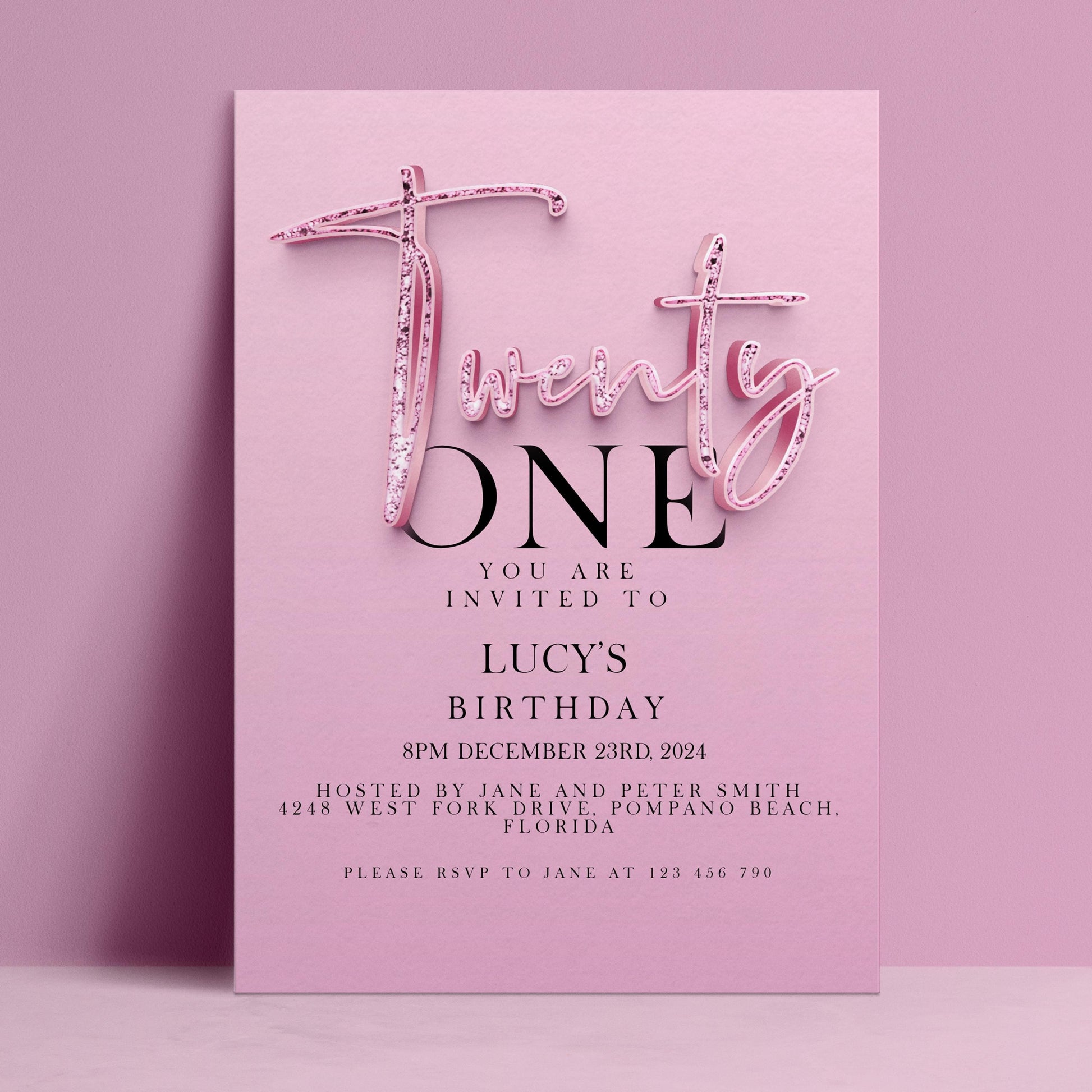 The image is a pink birthday invitation for a one-year-old named Lucy. The invitation is hosted by Jane and Peter Smith and is scheduled for December 23rd, 2014 at 4:45 PM at the Pompano Beach, Florida location. Guests are invited to attend the party at 123 456 790.