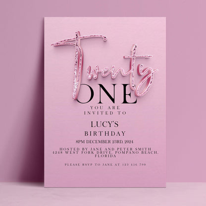 The image is a pink birthday invitation for a one-year-old named Lucy. The invitation is hosted by Jane and Peter Smith and is scheduled for December 23rd, 2014 at 4:45 PM at the Pompano Beach, Florida location. Guests are invited to attend the party at 123 456 790.