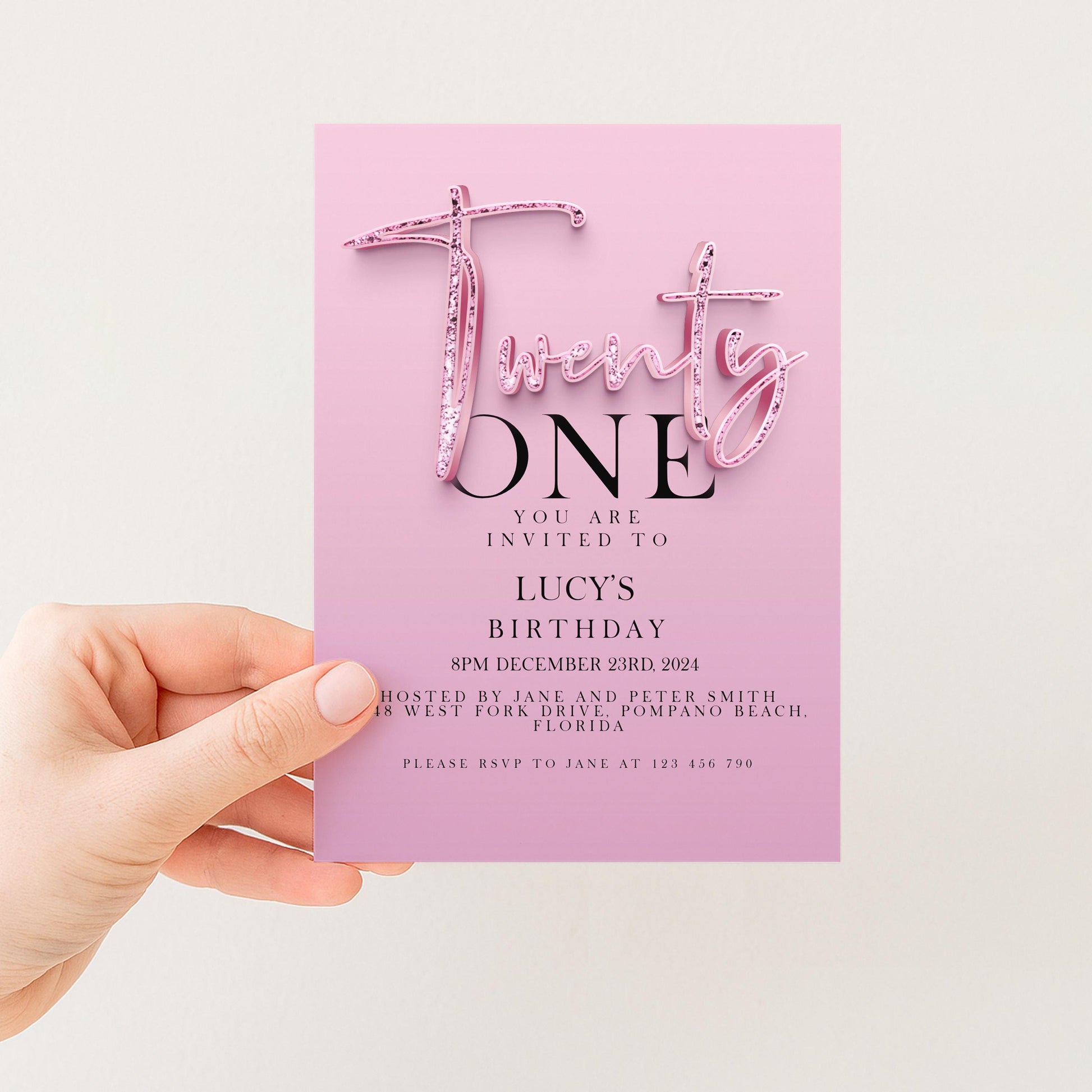 A pink birthday invitation card with the text "You are invited to LUCY'S BIRTHDAY" and details about the event.