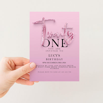 A pink birthday invitation card with the text "You are invited to LUCY'S BIRTHDAY" and details about the event.