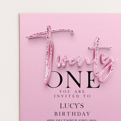 The image is a pink birthday invitation card for a one-year-old named Lucy.