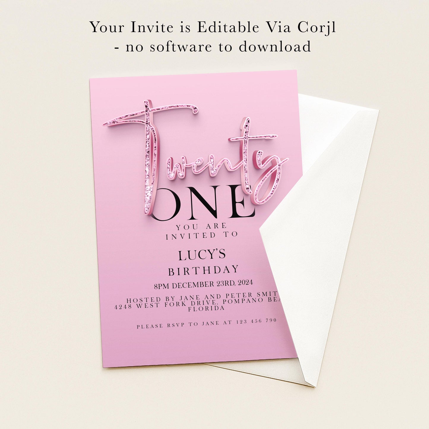 The image is a pink birthday invitation card for a one-year-old birthday party.