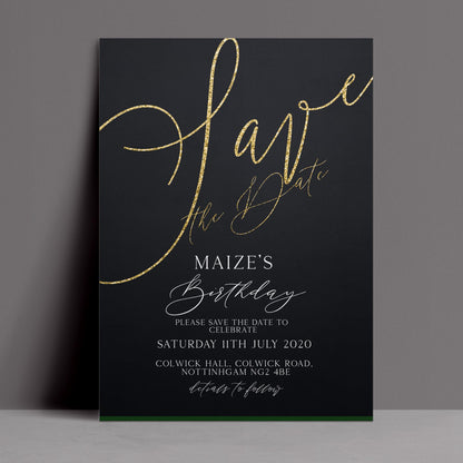 The image is a black and gold wedding invitation card for Maize's birthday celebration.