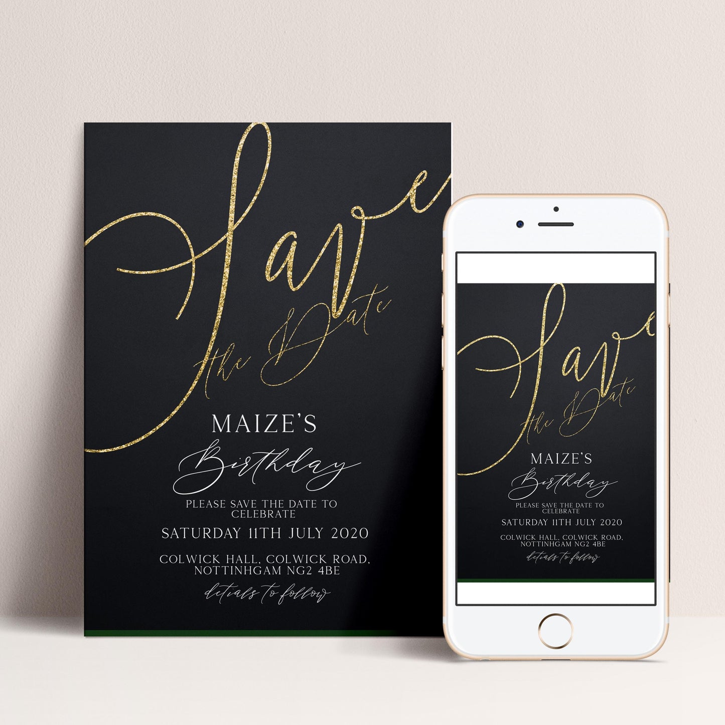 a black and gold wedding invitation card and a smartphone displaying the same invitation. The card features the text "Save the date" in a cursive font, and the smartphone screen shows the same text.