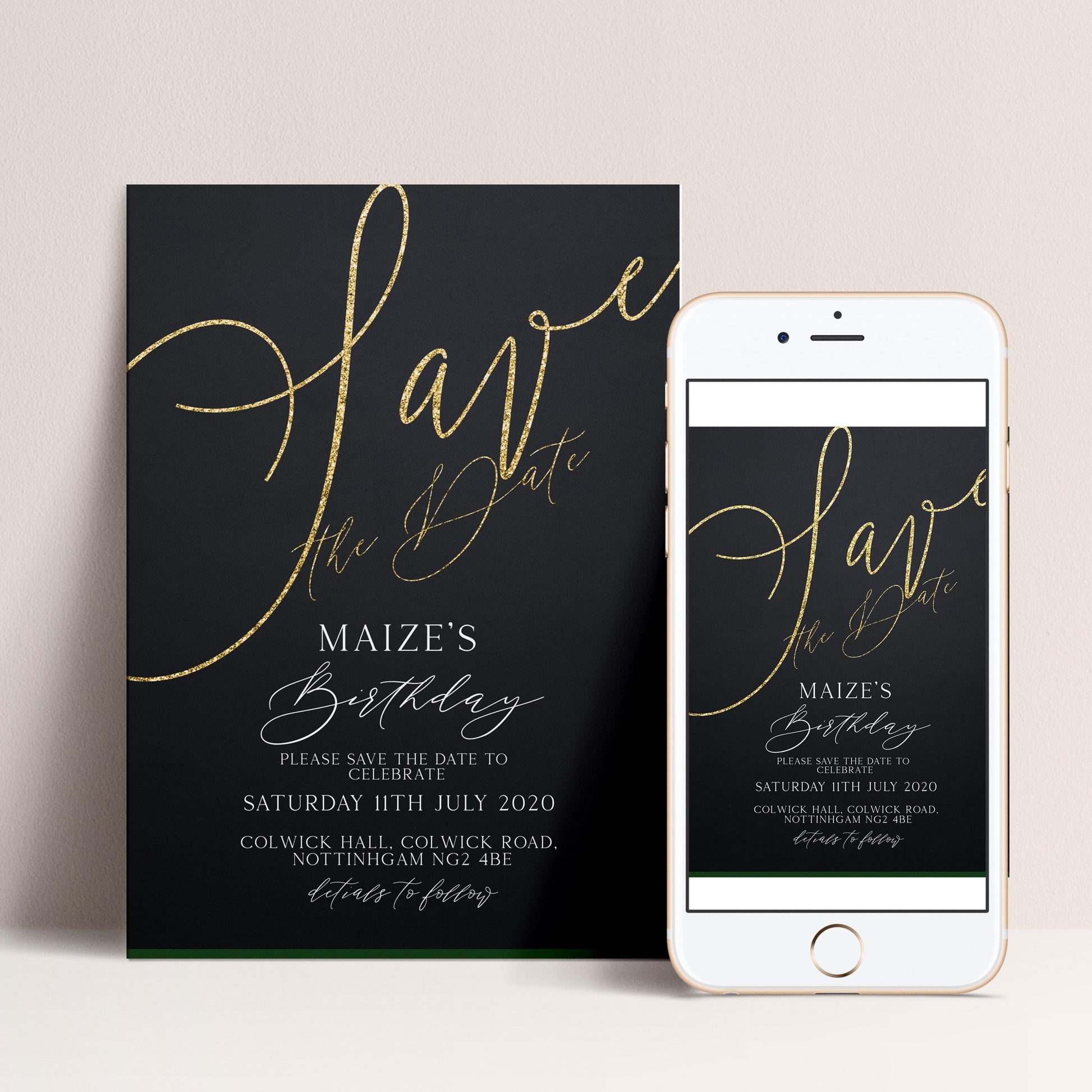 a black and gold wedding invitation card and a smartphone displaying the same invitation. The card features the text "Save the date" in a cursive font, and the smartphone screen shows the same text.