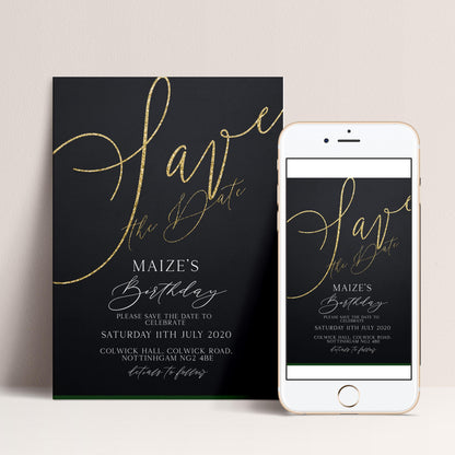 a black and gold wedding invitation card and a smartphone displaying the same invitation. The card features the text "Save the date" in a cursive font, and the smartphone screen shows the same text.