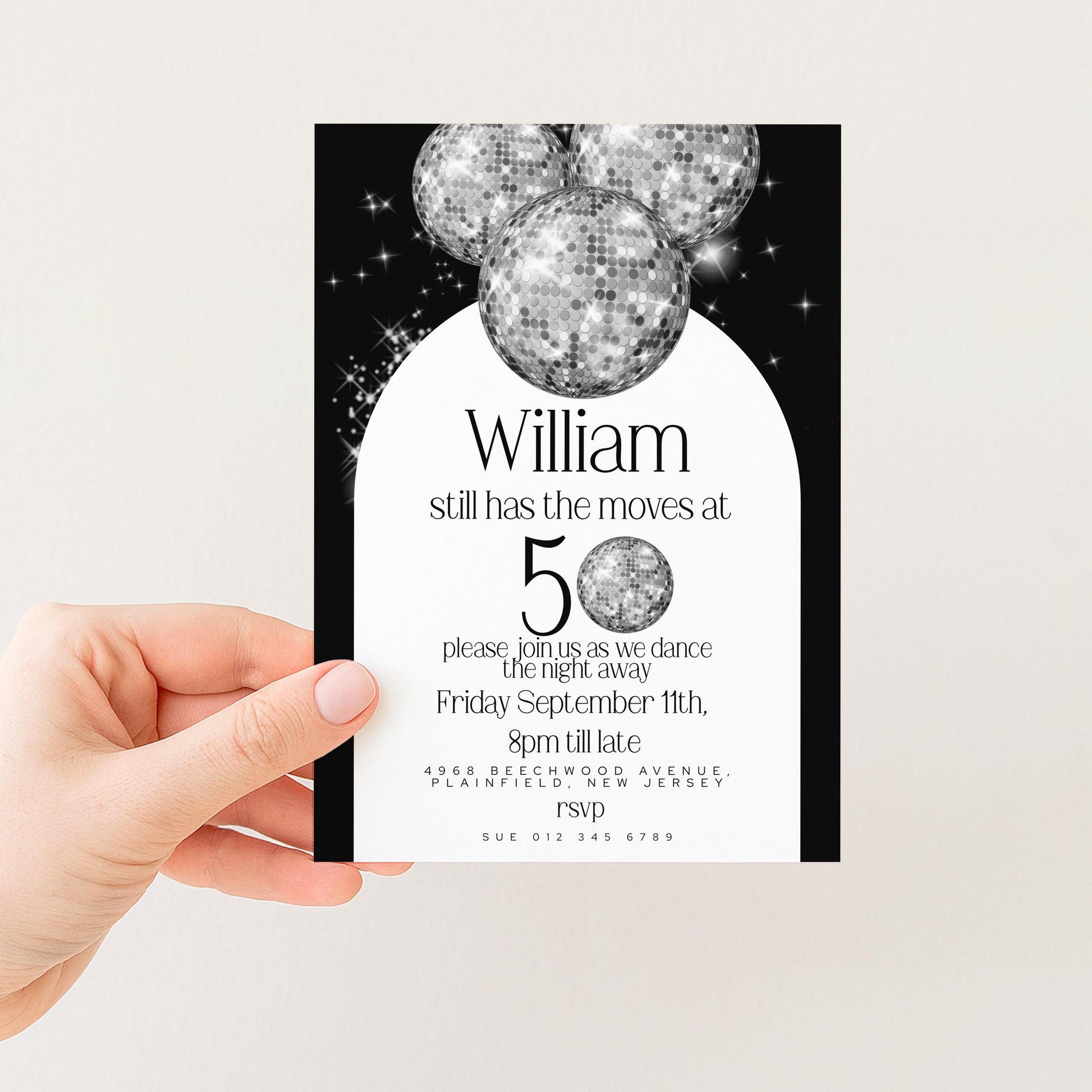 The image is a black and white invitation card for a 50th birthday party. It features a disco ball design and text inviting guests to a dance on Friday, September 11th, at 8pm.