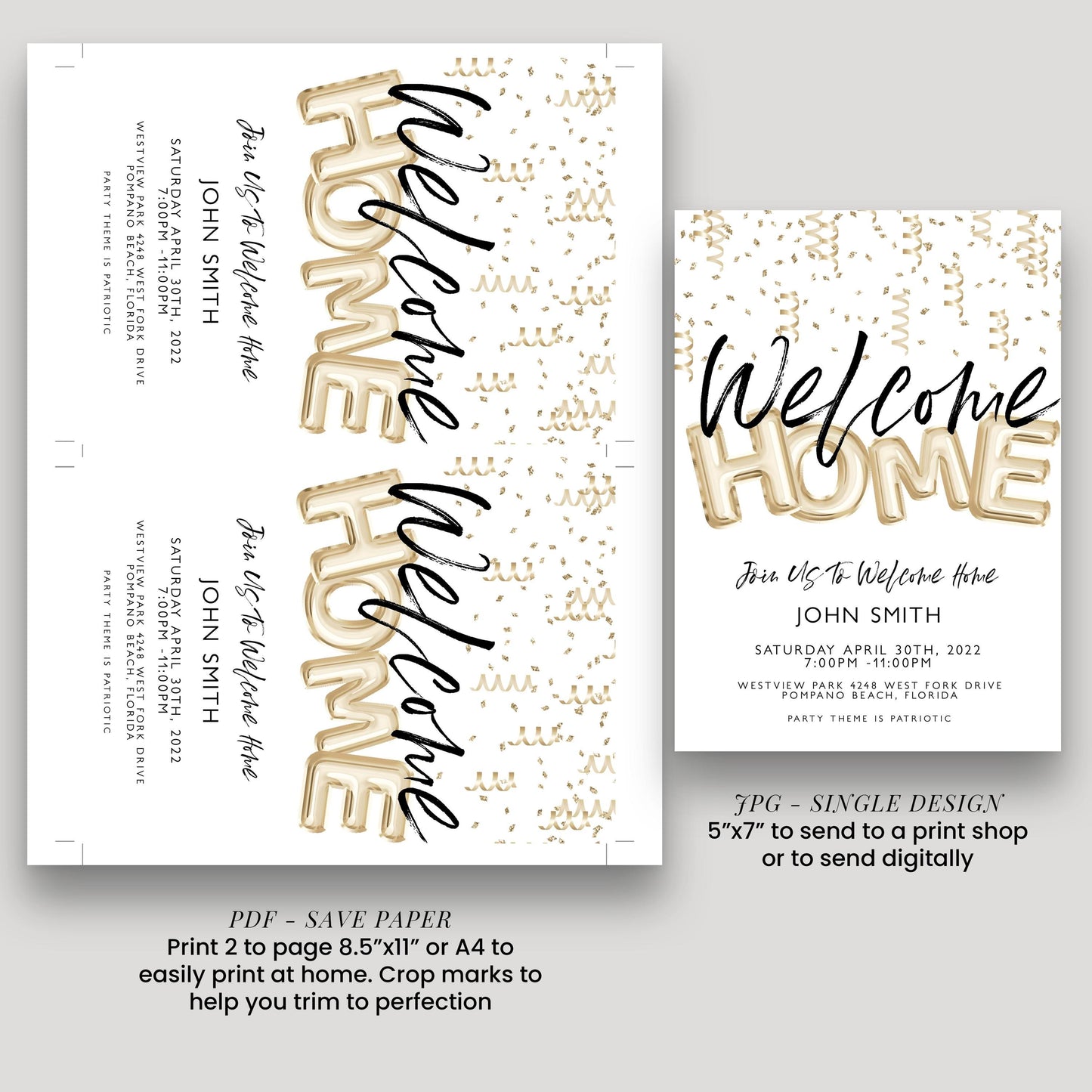 a welcome home invitation for John Smith, which includes text and decorative elements such as gold foil letters and a gold foil pattern.