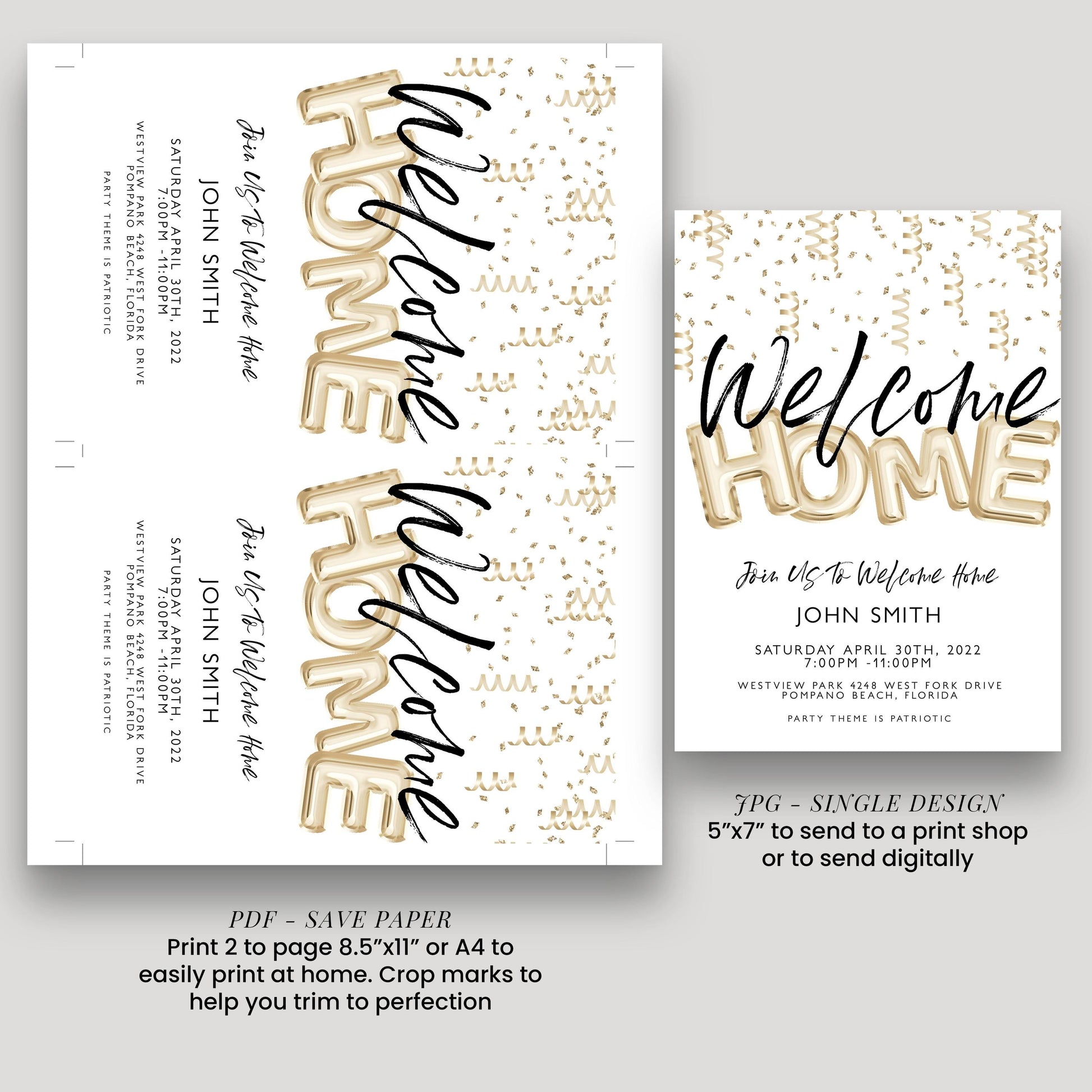 a welcome home invitation for John Smith, which includes text and decorative elements such as gold foil letters and a gold foil pattern.