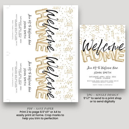 a welcome home invitation for John Smith, which includes text and decorative elements such as gold foil letters and a gold foil pattern.