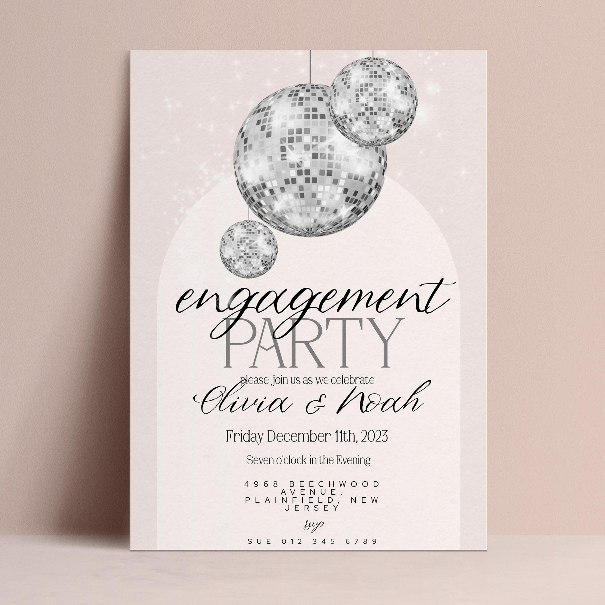 The image is a party invitation featuring a disco ball design and text.
