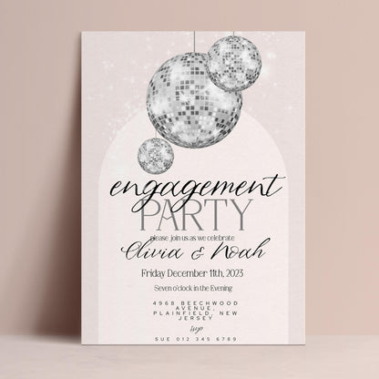 The image is a party invitation featuring a disco ball design and text.