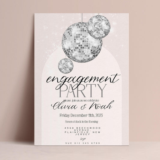 The image is a party invitation featuring a disco ball design and text.