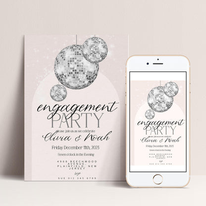 The image is a printed invitation card for an engagement party, featuring a disco ball design and text inviting guests to join the celebration.