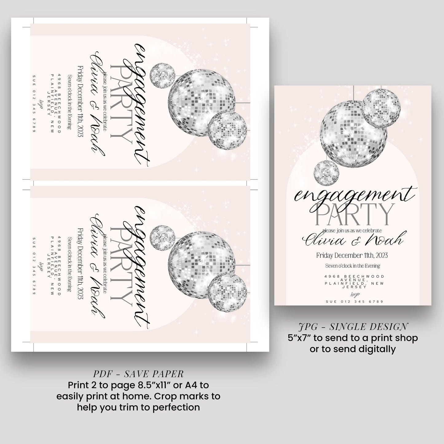 a collage of three different designs for an engagement party invitation. The designs include a pink background with silver disco balls and text, a white background with a silver disco ball and text, and a pink background with a silver disco ball and text. The designs are intended to be printed on paper or digital formats, such as a printable invitation or a digital invitation, to send to guests for an engagement party.