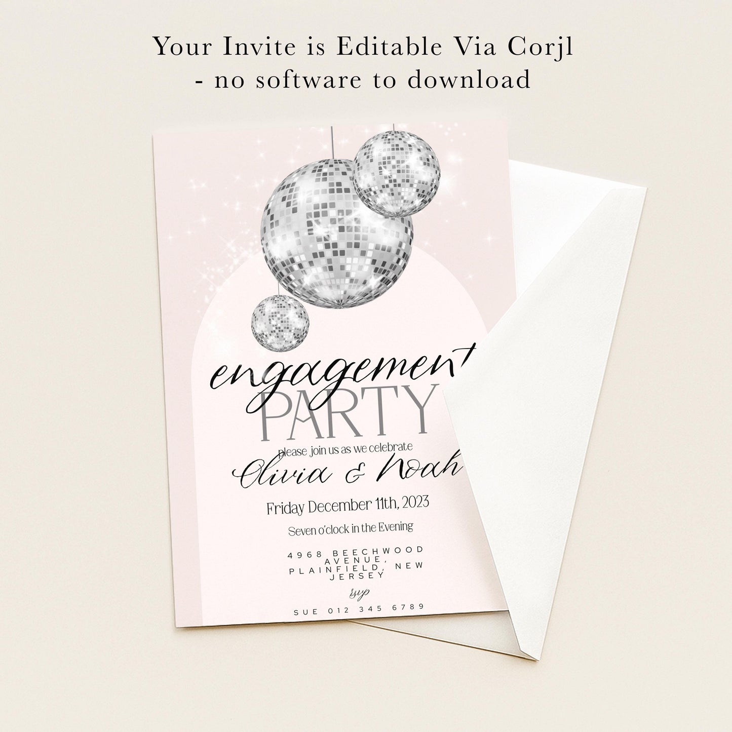 The image is a wedding invitation card with a disco ball design and text inviting guests to a party.
