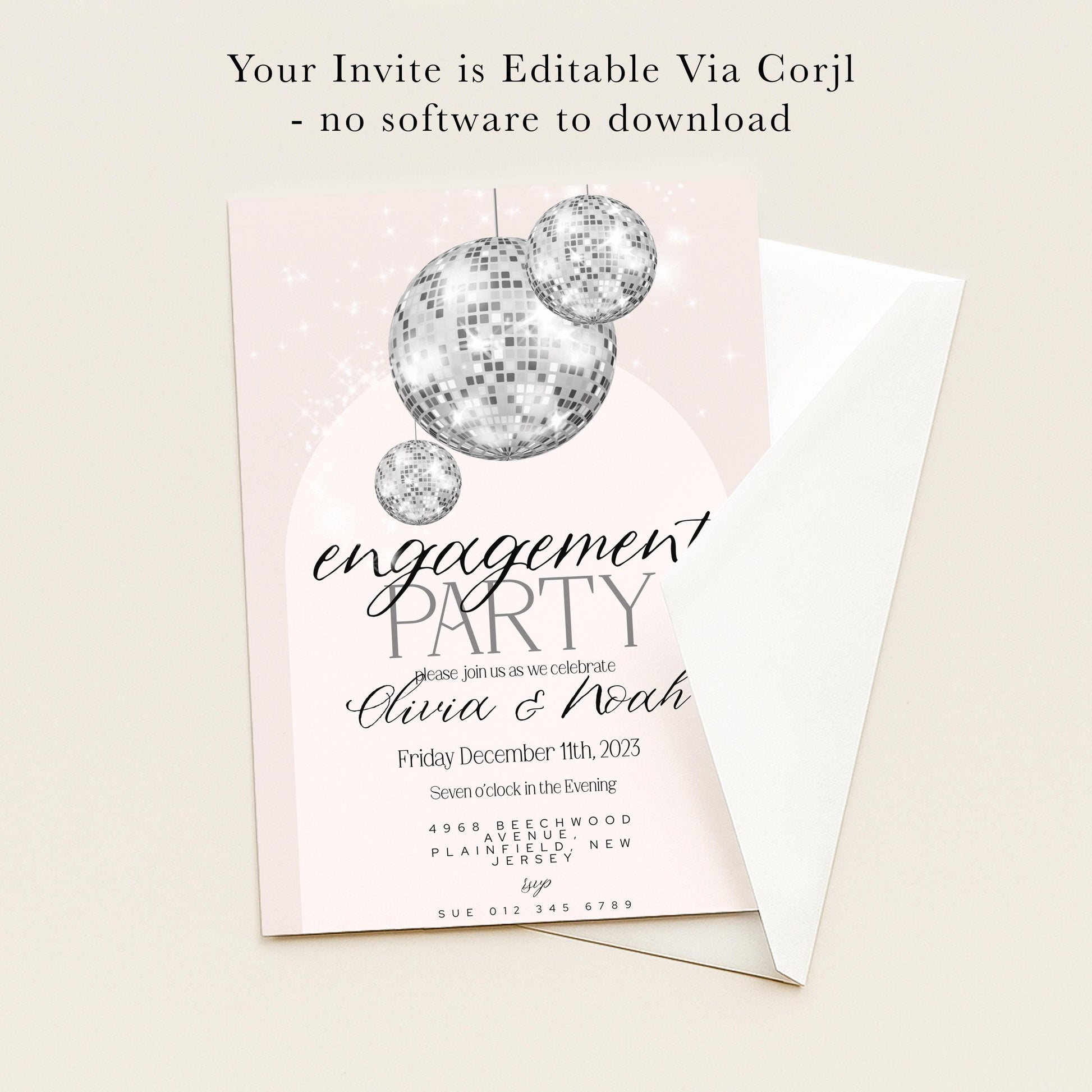 The image is a wedding invitation card with a disco ball design and text inviting guests to a party.