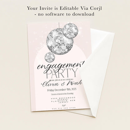 The image is a wedding invitation card with a disco ball design and text inviting guests to a party.