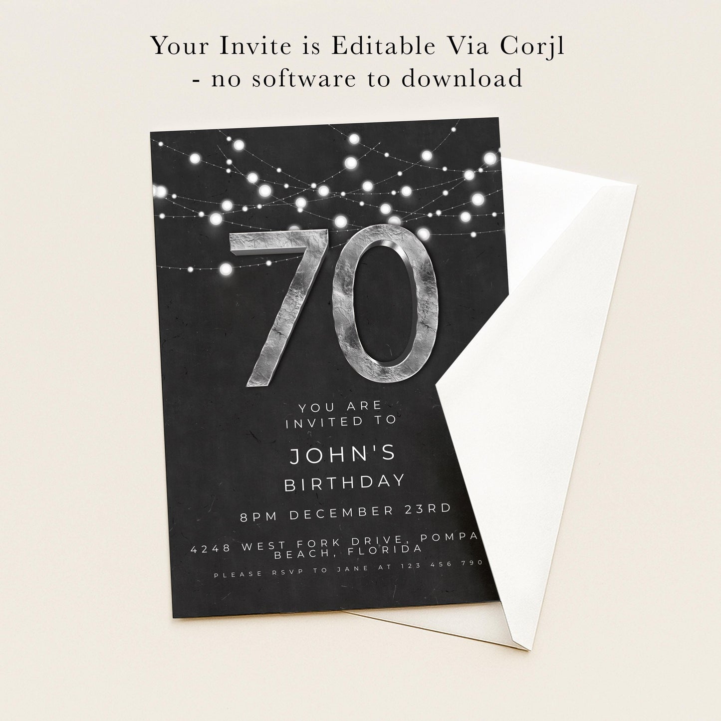 The image is a birthday invitation for John's 70th birthday party.