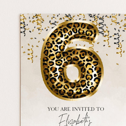 a large number 6 in the shape of a leopard print, surrounded by confetti and the text "You are invited to Elizabeth's".