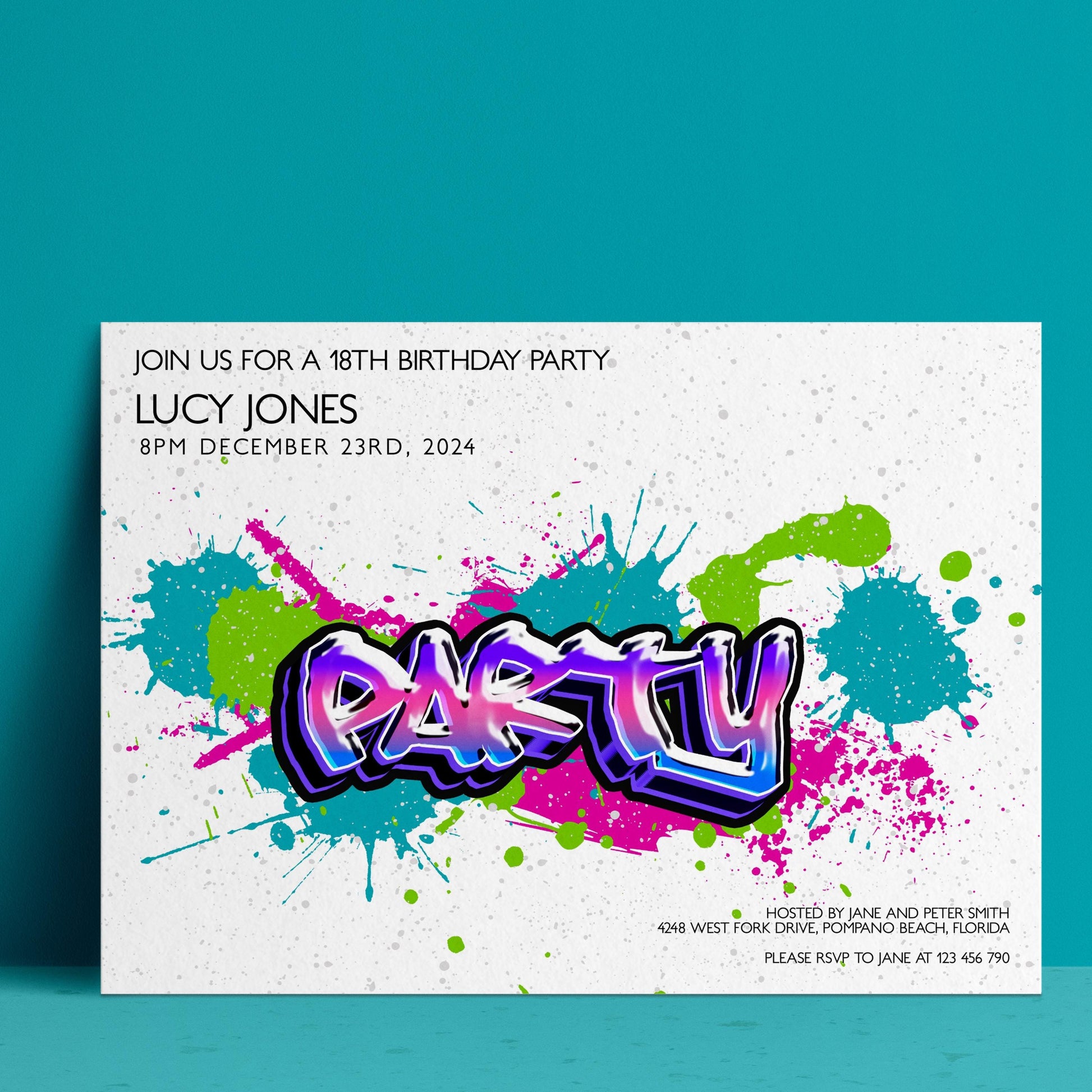 The image is a birthday party invitation for Lucy Jones, which features a colorful graffiti-style design with splashes of pink, blue, green, and purple.
