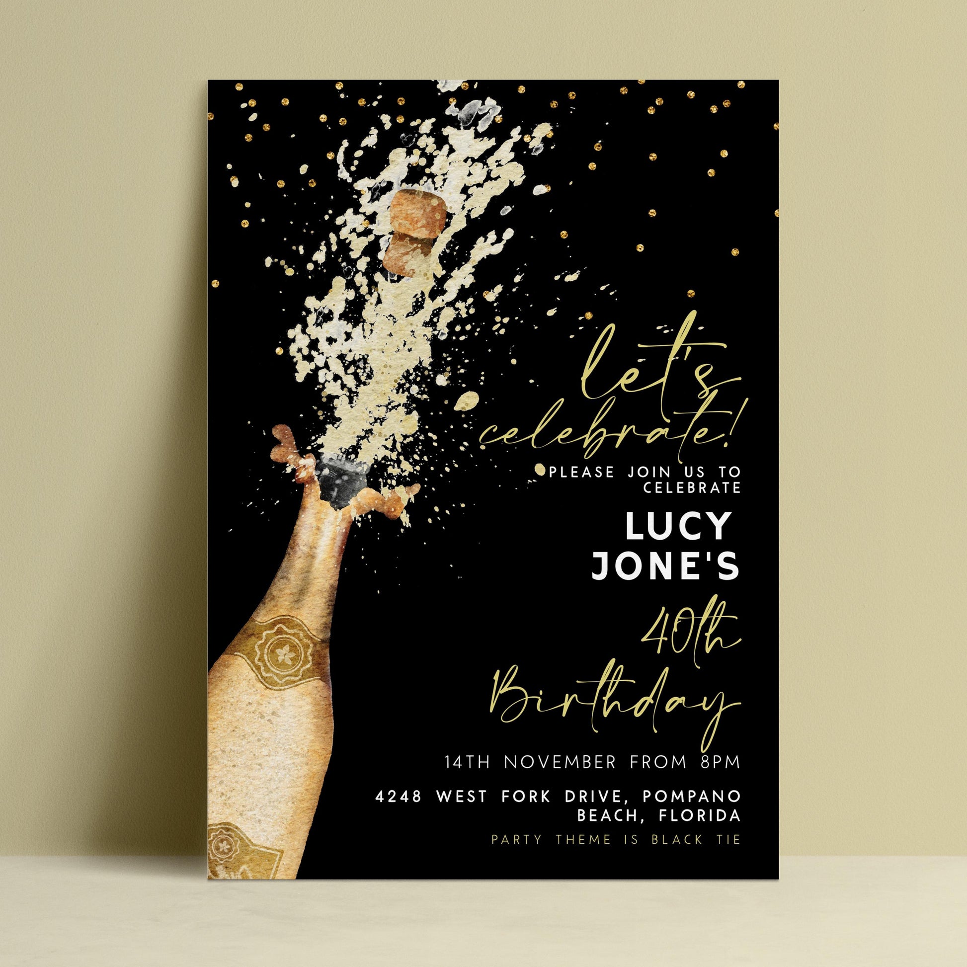 The image is a birthday party invitation for Lucy Jones' 40th birthday celebration. It features a champagne bottle with a champagne pop, and the text invites guests to join in the celebration.