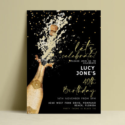 The image is a birthday party invitation for Lucy Jones' 40th birthday celebration. It features a champagne bottle with a champagne pop, and the text invites guests to join in the celebration.