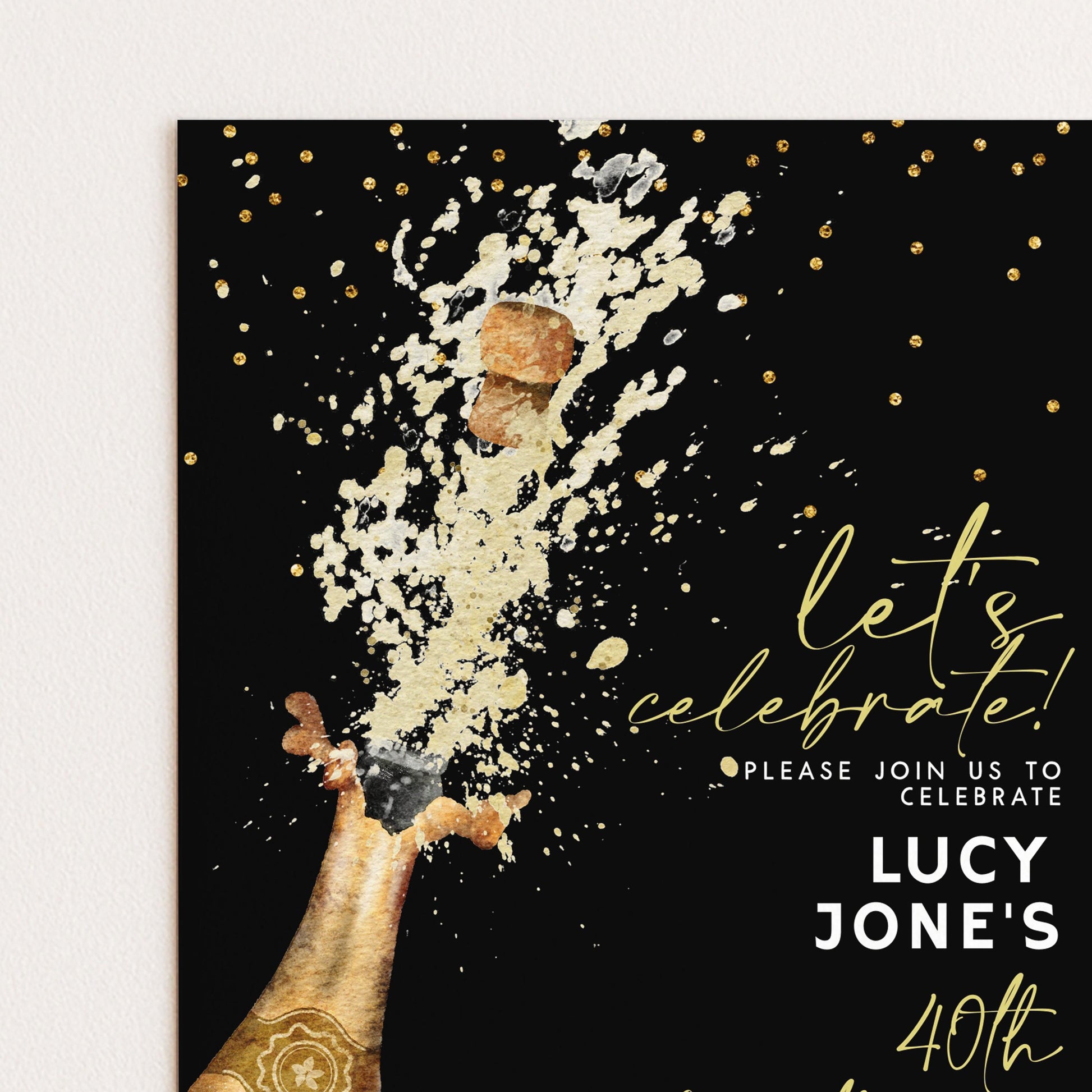 The image is a celebratory invitation for a birthday party, featuring a champagne bottle popping and sending a shower of bubbles into the air.