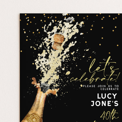 The image is a celebratory invitation for a birthday party, featuring a champagne bottle popping and sending a shower of bubbles into the air.