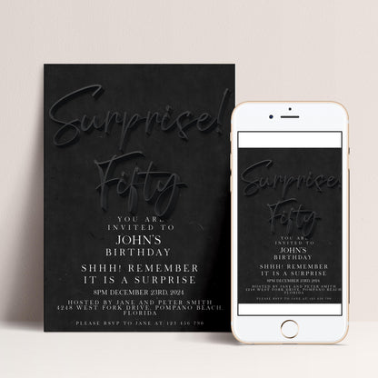 a black invitation card and a white smartphone displaying the same invitation.