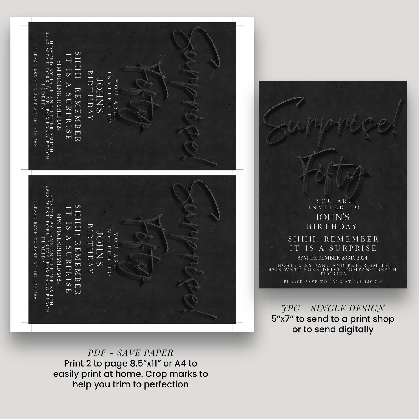 The image is a single page from a printed invitation or event invitation, featuring a black background with white text and graphics.