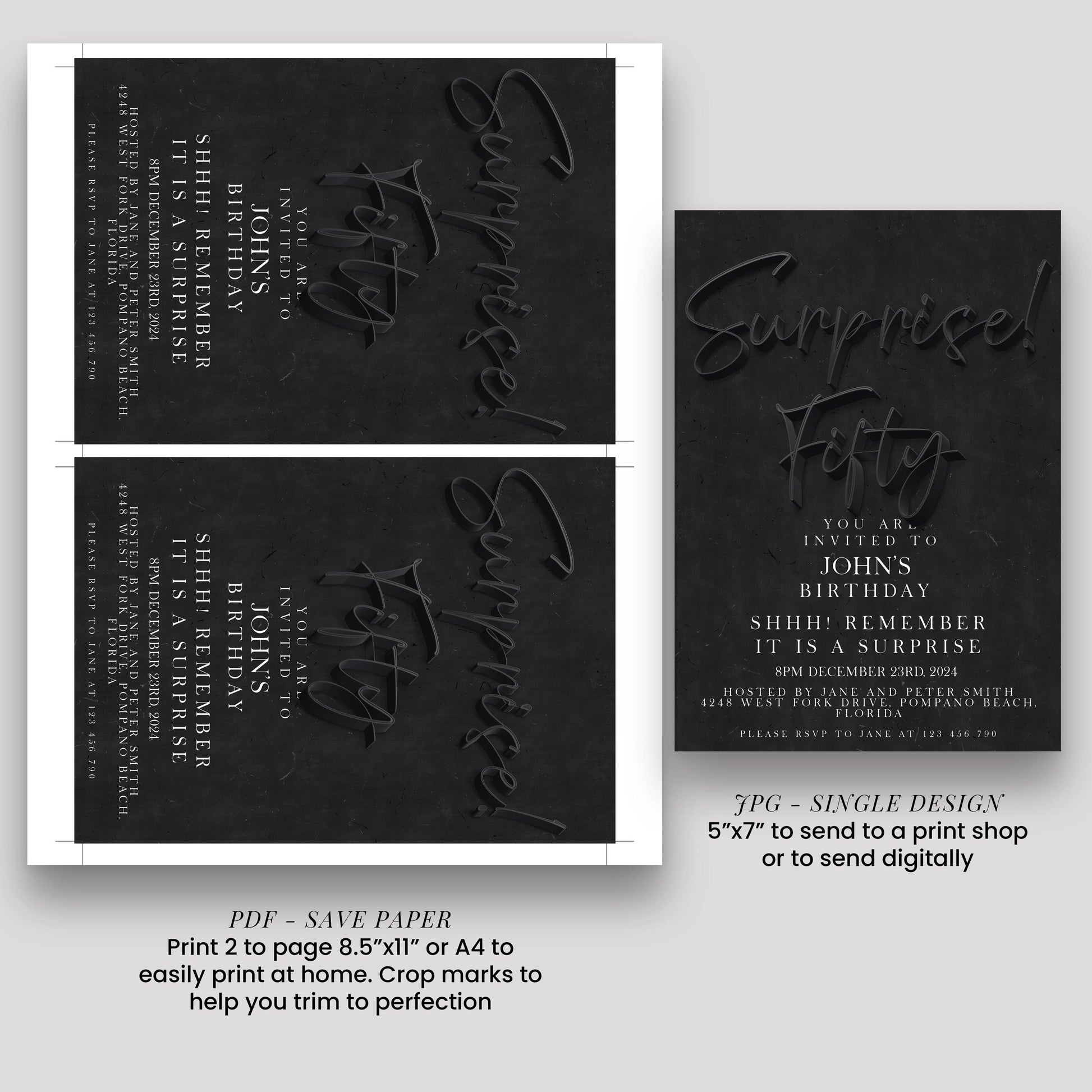 The image is a single page from a printed invitation or event invitation, featuring a black background with white text and graphics.