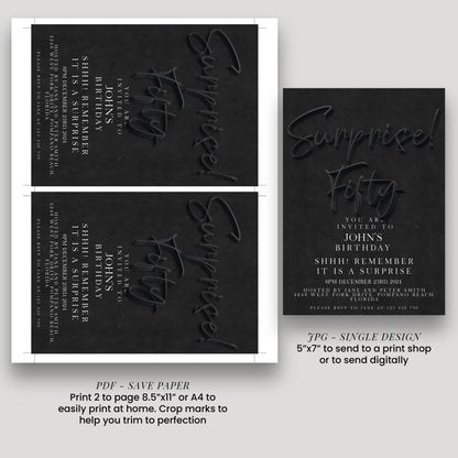 The image is a single page from a printed invitation or event invitation, featuring a black background with white text and graphics.