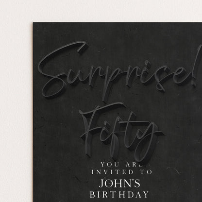 The image is a black and white graphic with the text "Surprise! You are Invited to John's Birthday" prominently displayed.