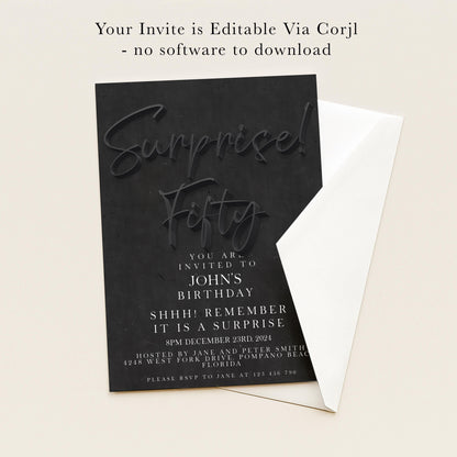 The image is a birthday party invitation for John's 50th birthday, featuring a black background with white text and a white envelope.