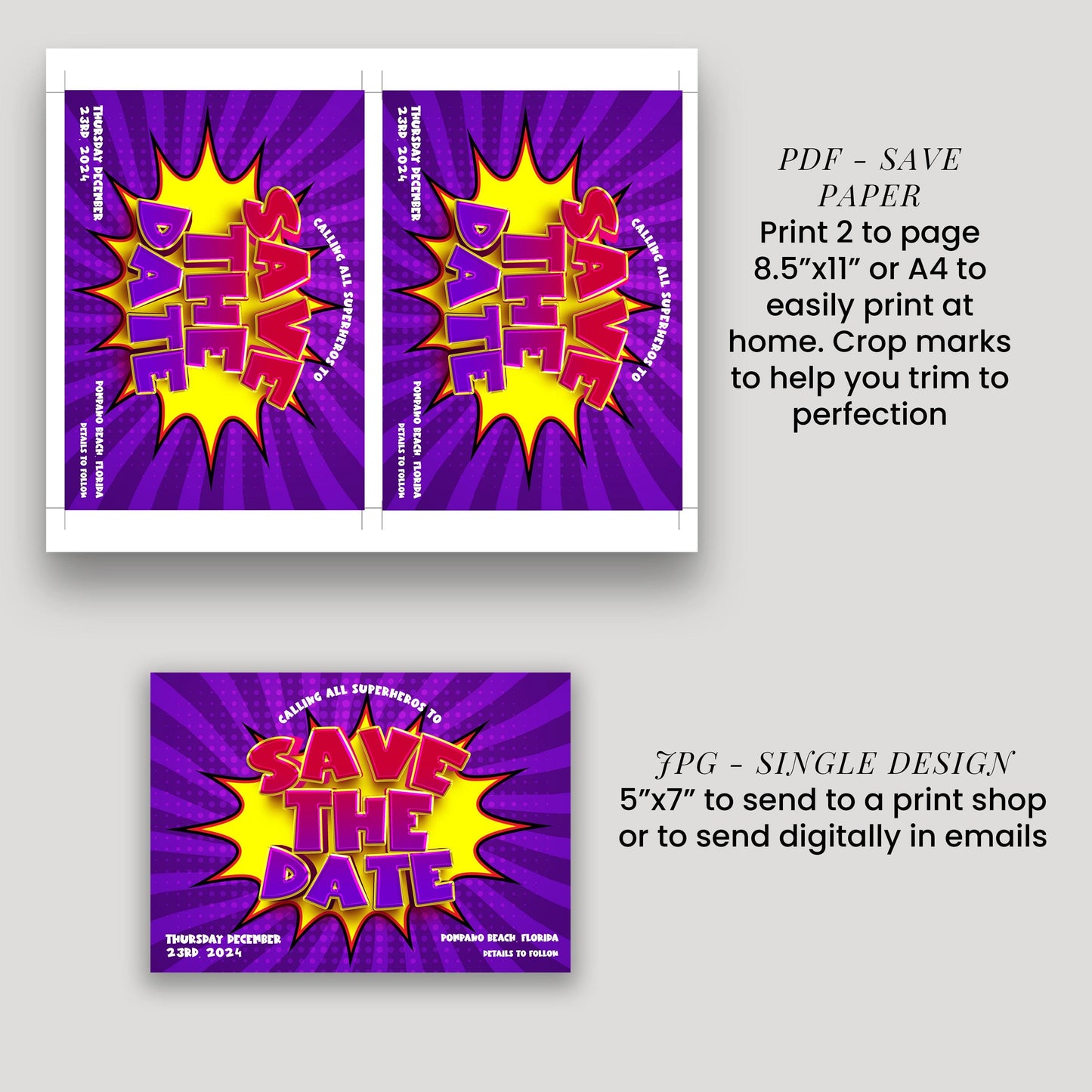 a flyer or invitation with a vibrant purple and yellow design, featuring the text "SAVE THE DATE" in a bold, eye-catching font. The flyer is designed to be printed on paper, and it includes instructions for printing the design on a page.