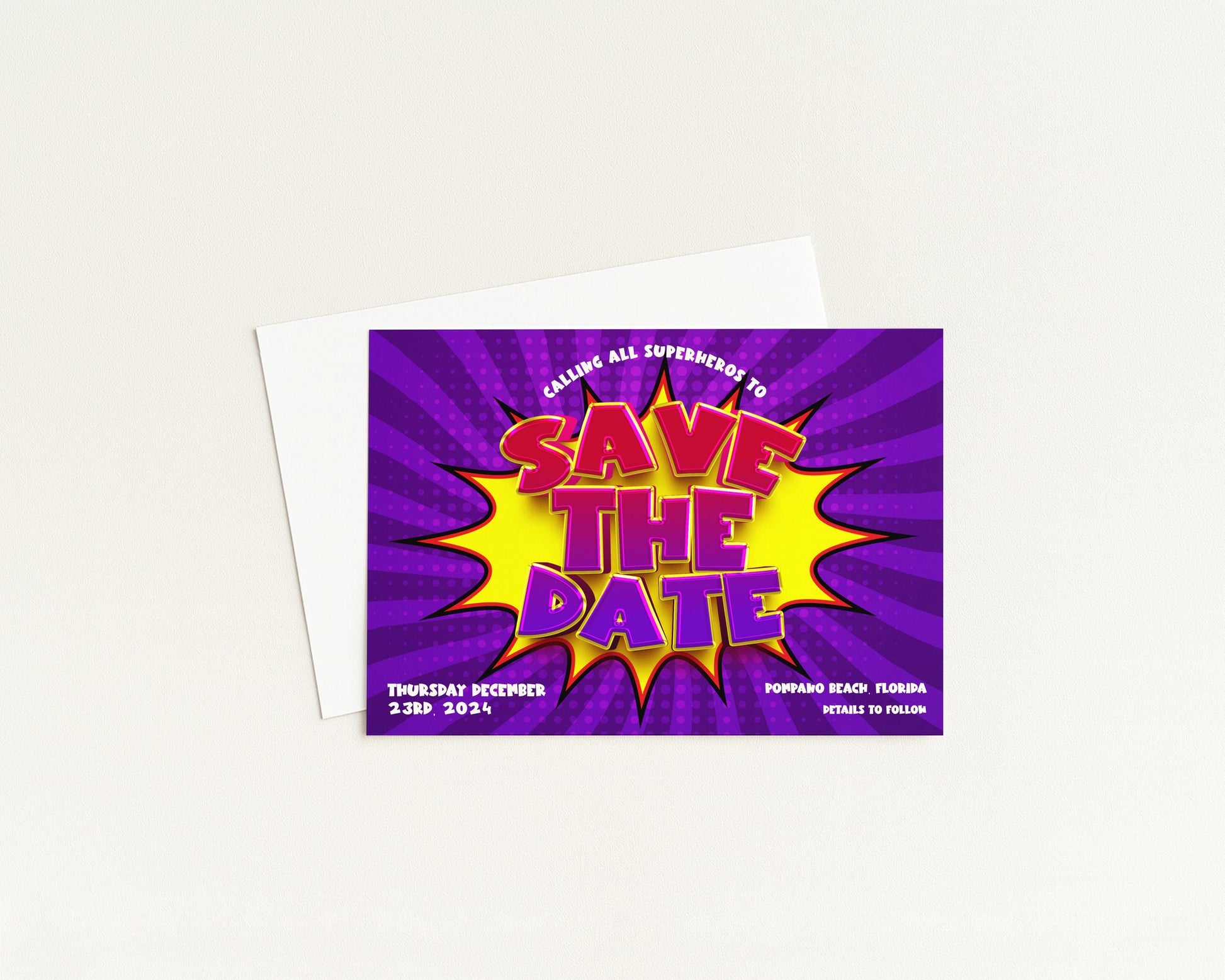 The image is a colorful event invitation with a pop art design, featuring the text "SAVE THE DATE" in a large, bold font.