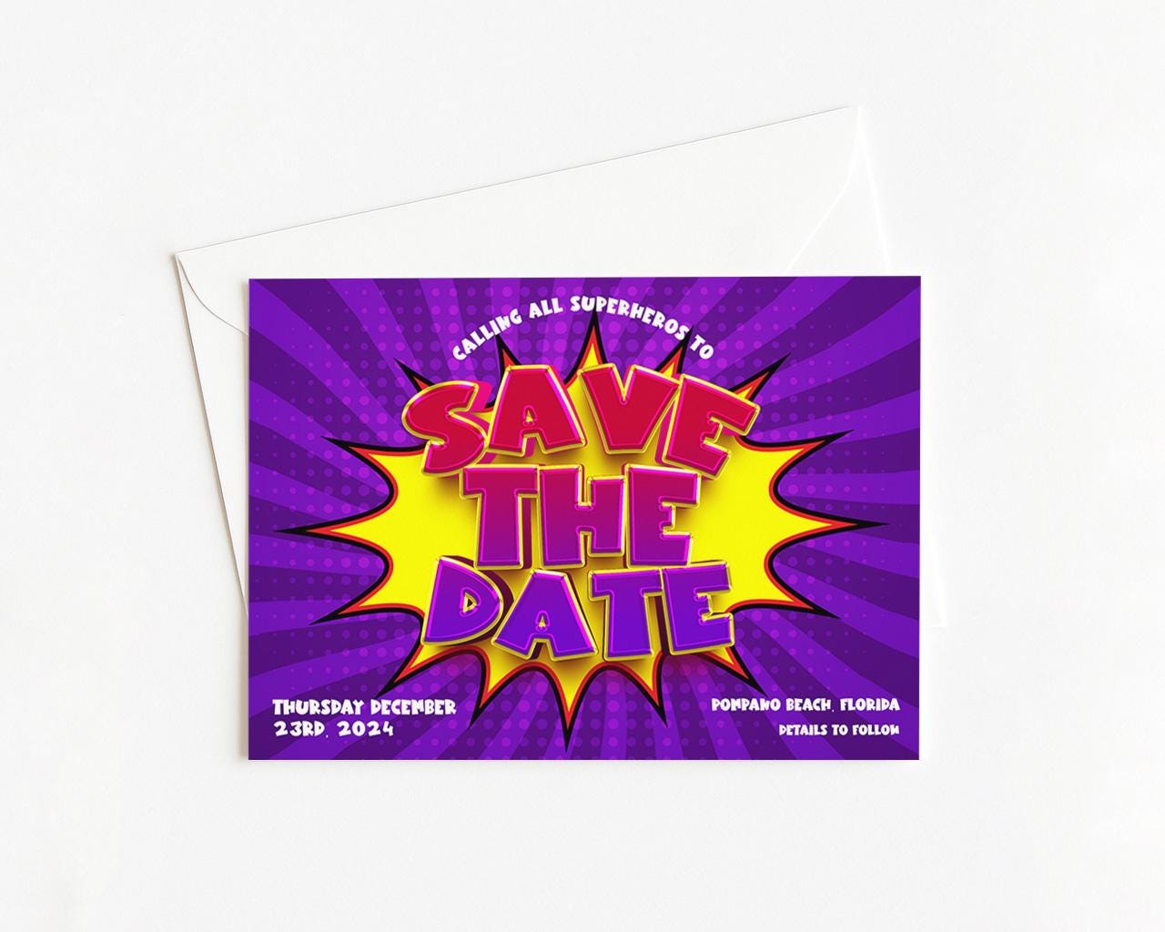 The image is a colorful invitation card with a pop art design, featuring the text "SAVE THE DATE" in large, bold letters. The card is set against a purple background with a yellow explosion-like design. The event is scheduled for Thursday, December 23rd, 2023, at the Pompano Beach, Florida location.